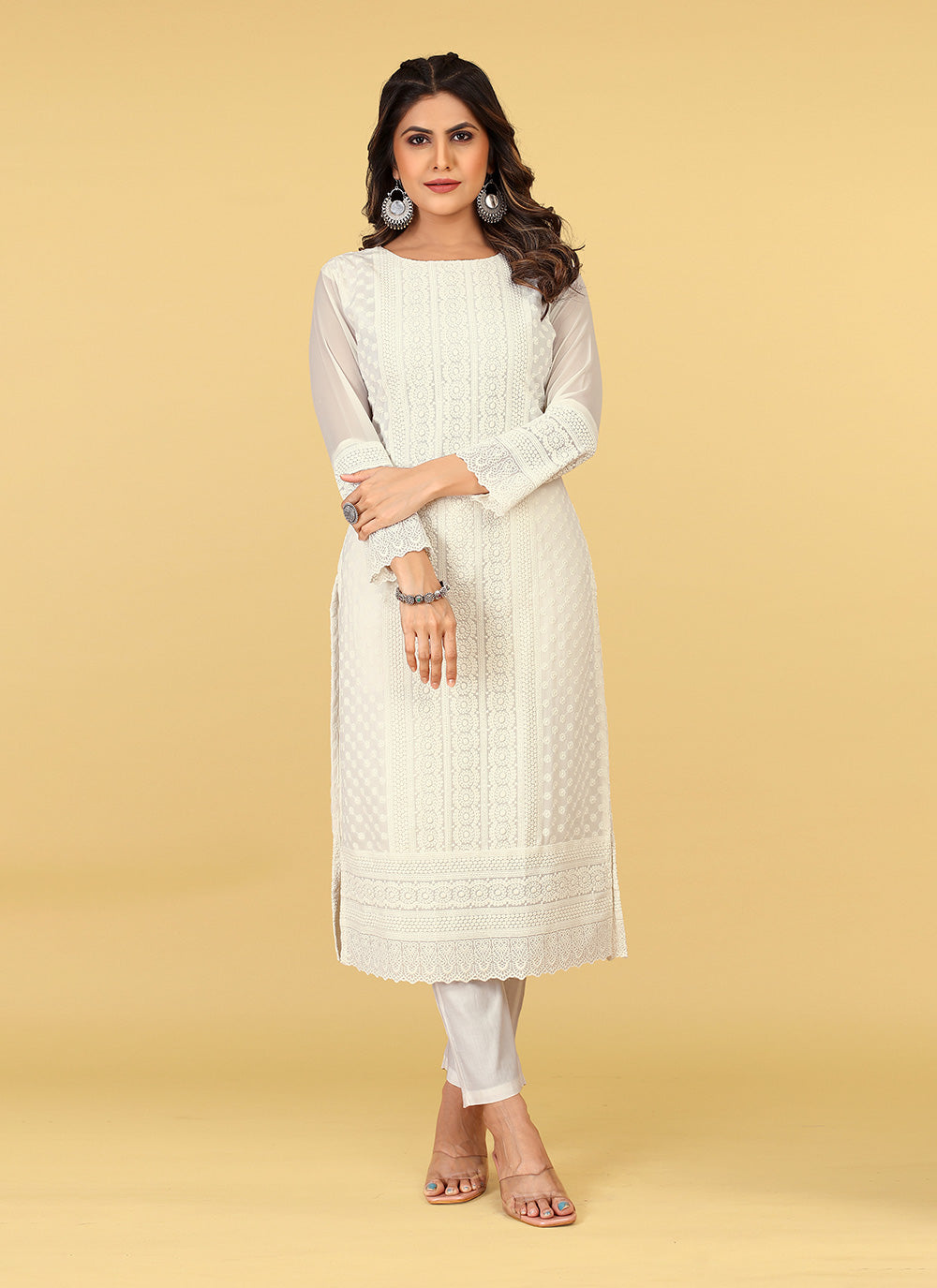 Embroidered Party Wear Kurti In Off White
