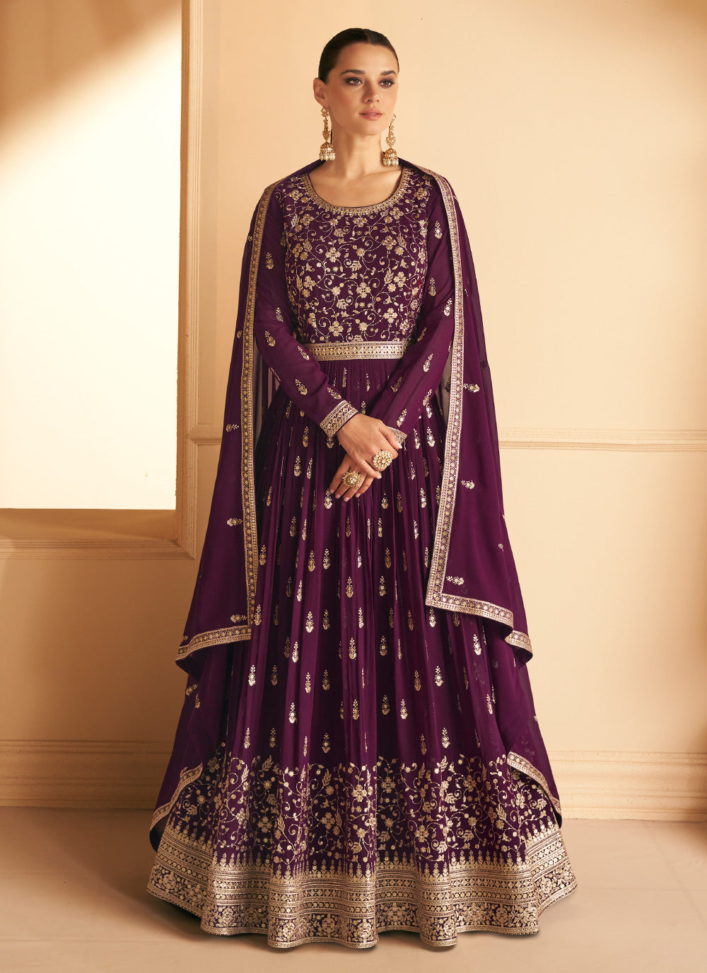 Georgette Embroidered Purple Designer Gown