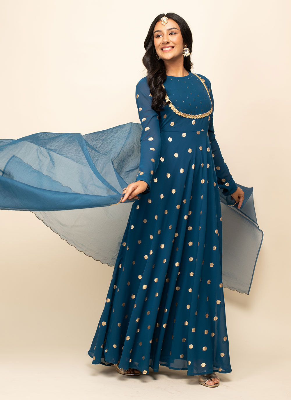 Teal Georgette Foil Print Work Indian Gown