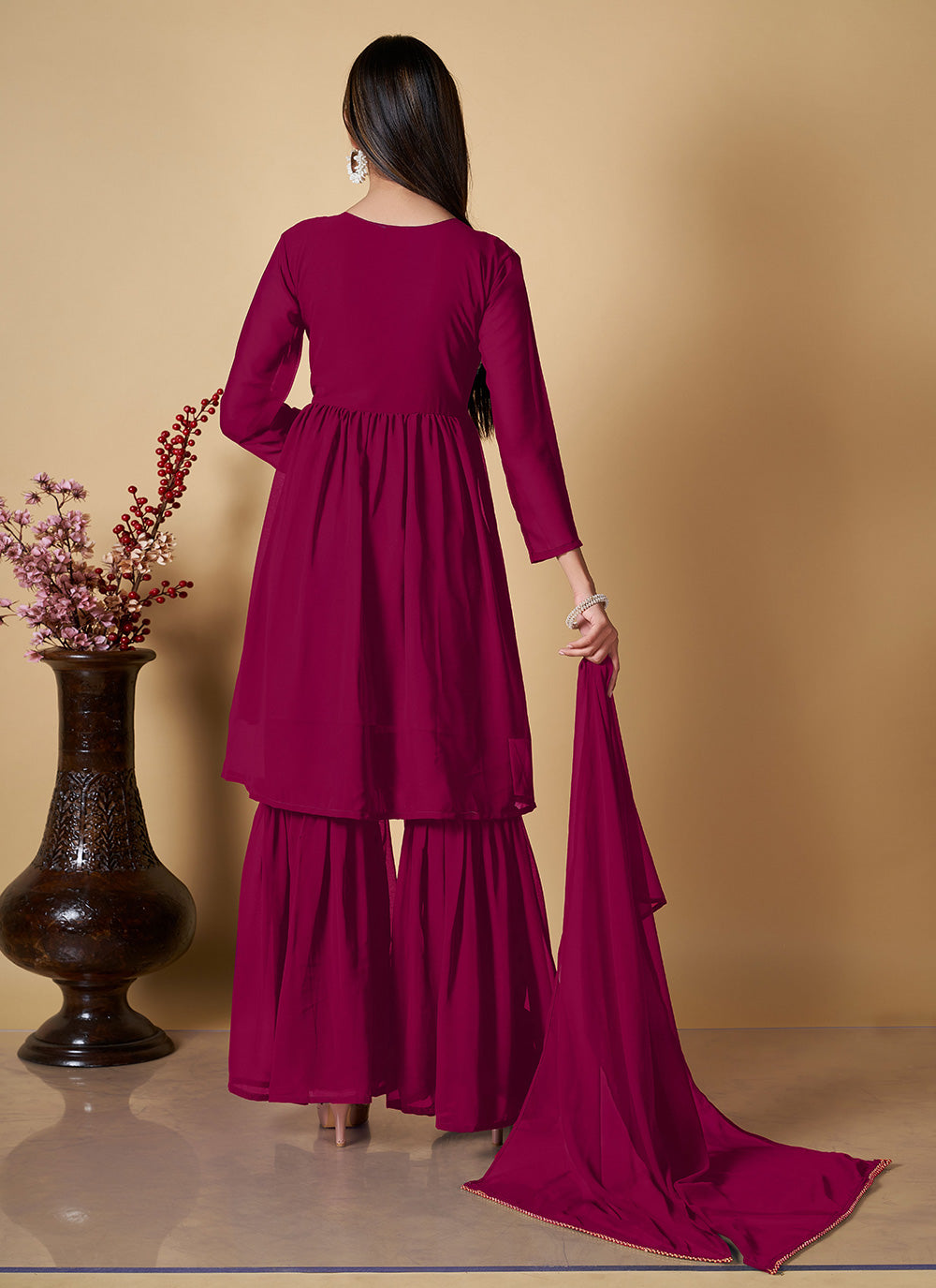 Georgette Hot Pink Embroidered Palazzo Suit