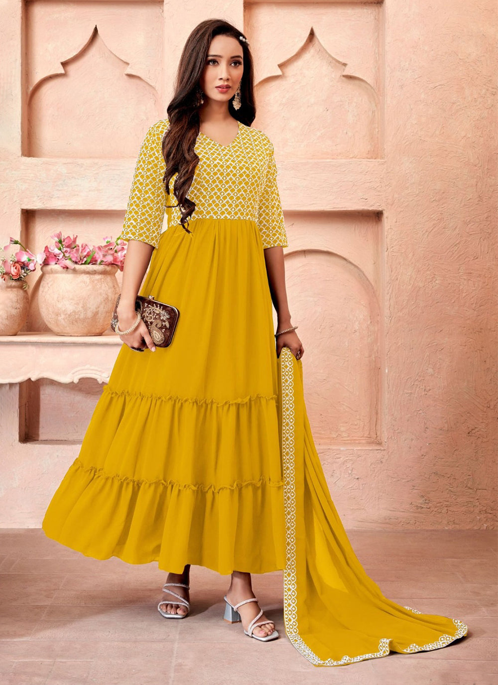 Embroidered Work Georgette Gown In Mustard For Ceremonial