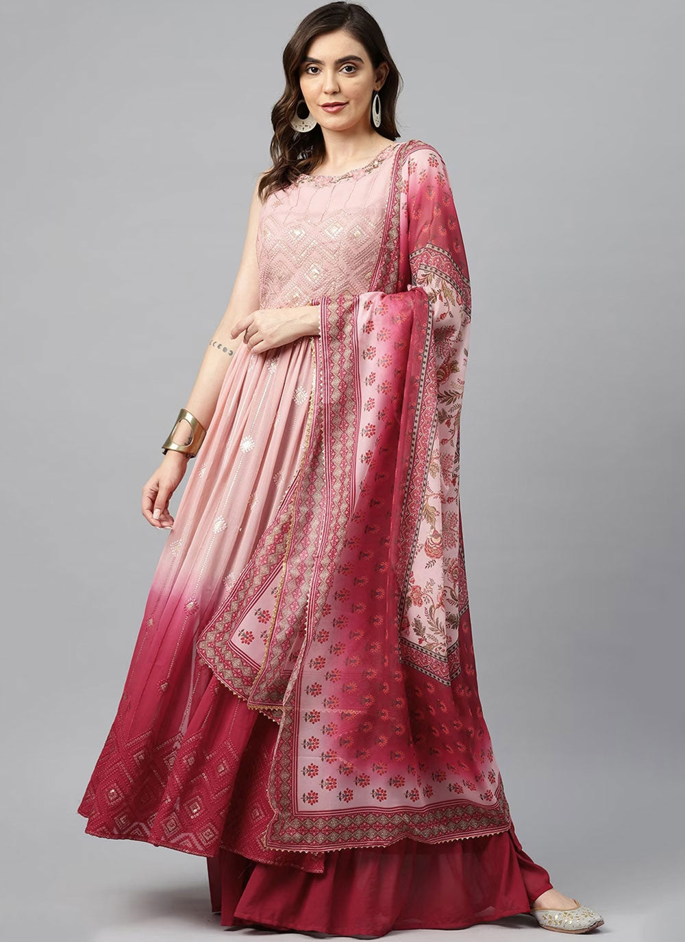 Embroidered Work Georgette Readymade Salwar Suit In Peach And Pink For Ceremonial