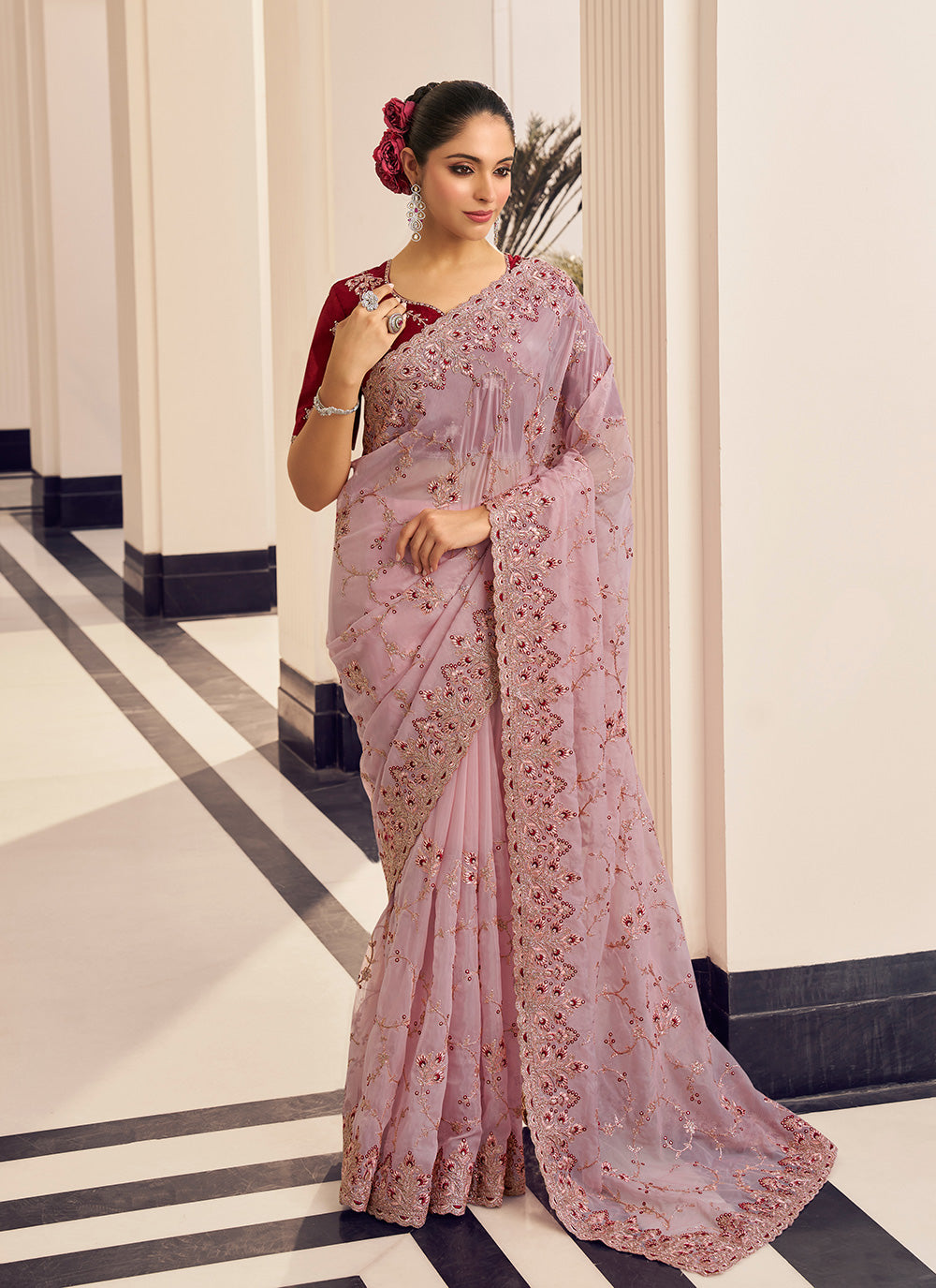 Embroidered Work Contemporary Sari For Ceremonial