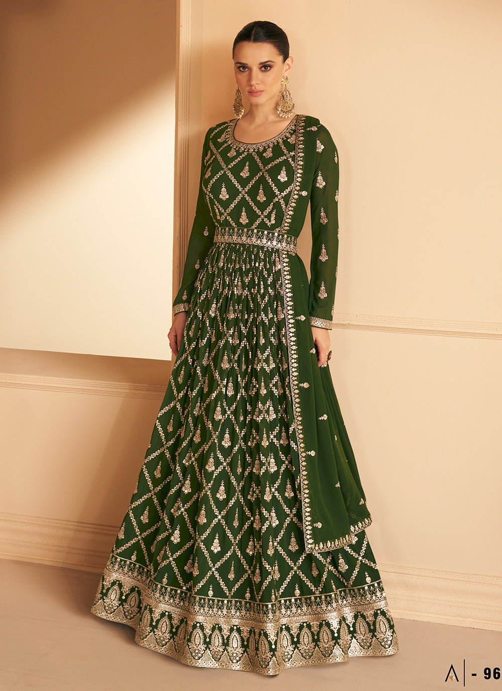 Georgette Stone Readymade Gown In Green
