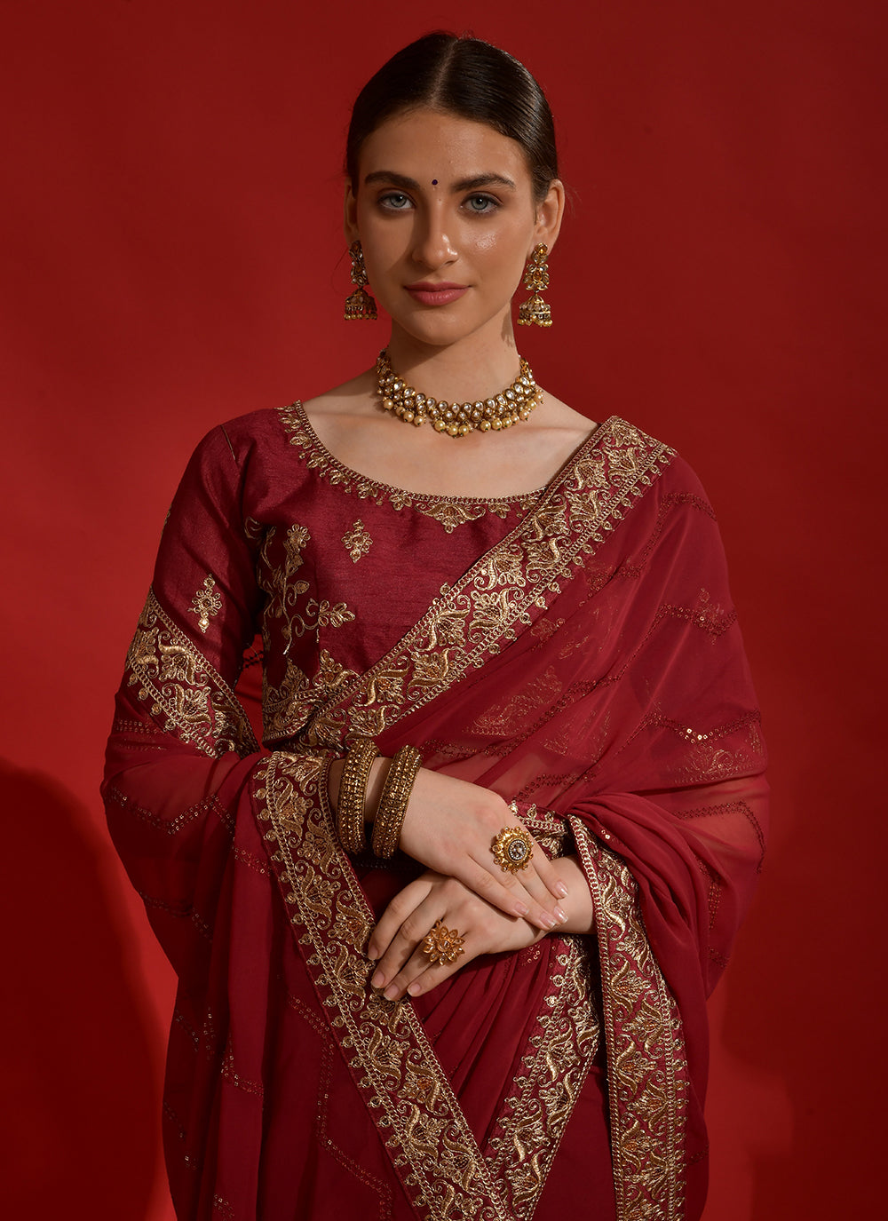 Georgette Traditional Saree In Red Color