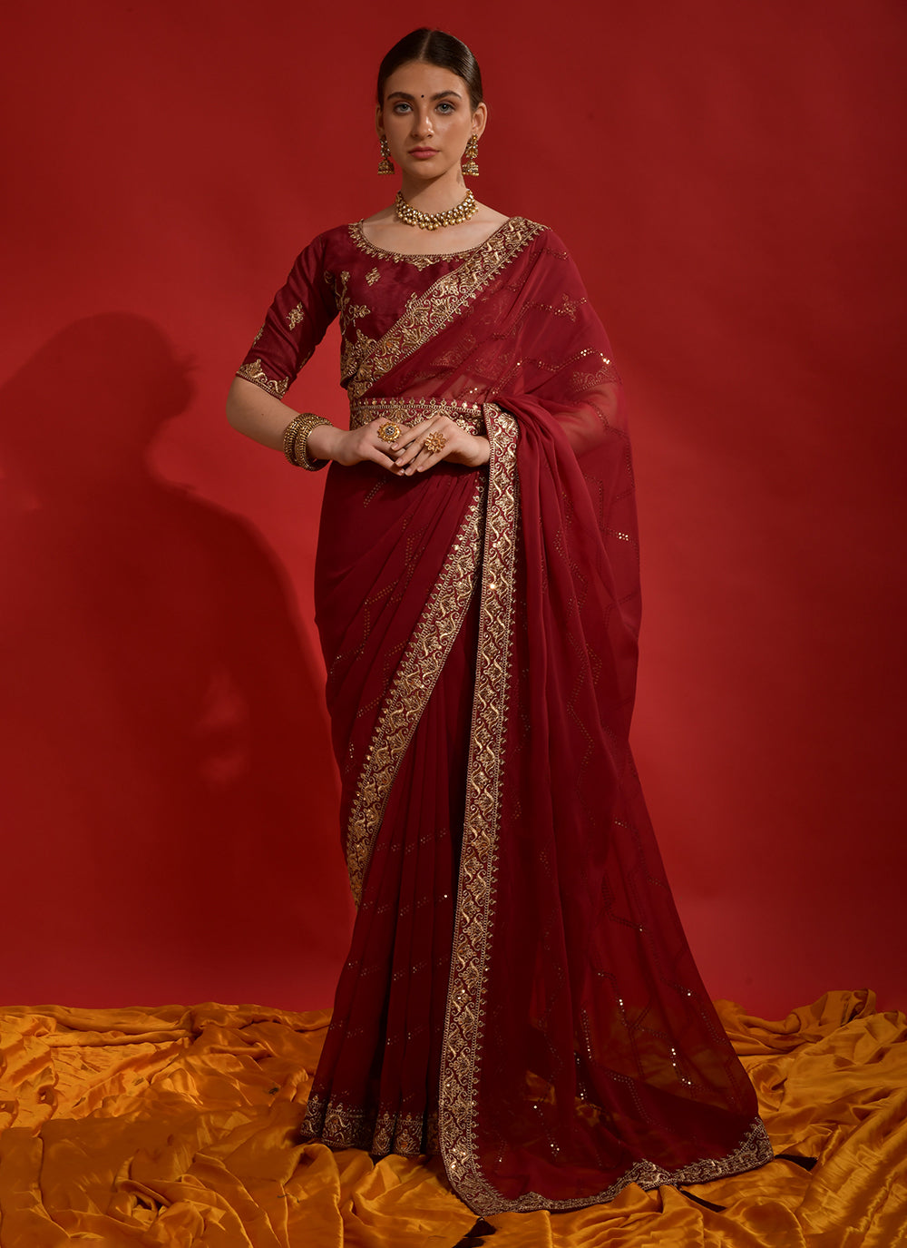 Georgette Traditional Saree In Red Color