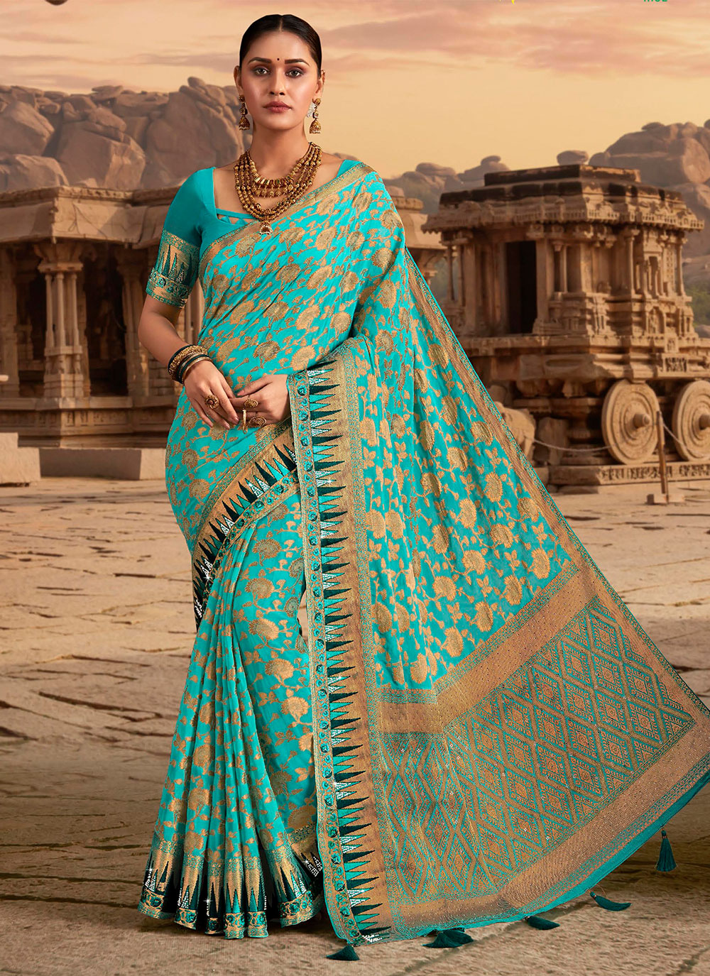 Aqua Blue Georgette Trendy Saree With Embroidered And Weaving Work For Women