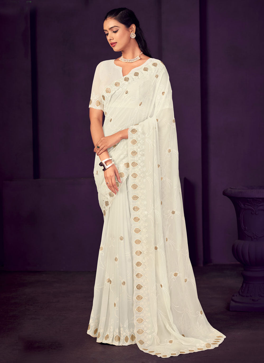 Off White Georgette Embroidered And Sequins Work Trendy Saree