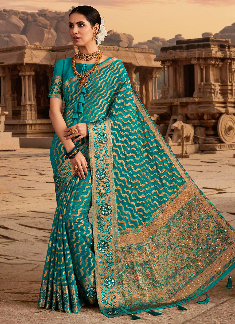 Turquoise Georgette Trendy Saree With Embroidered And Weaving Work