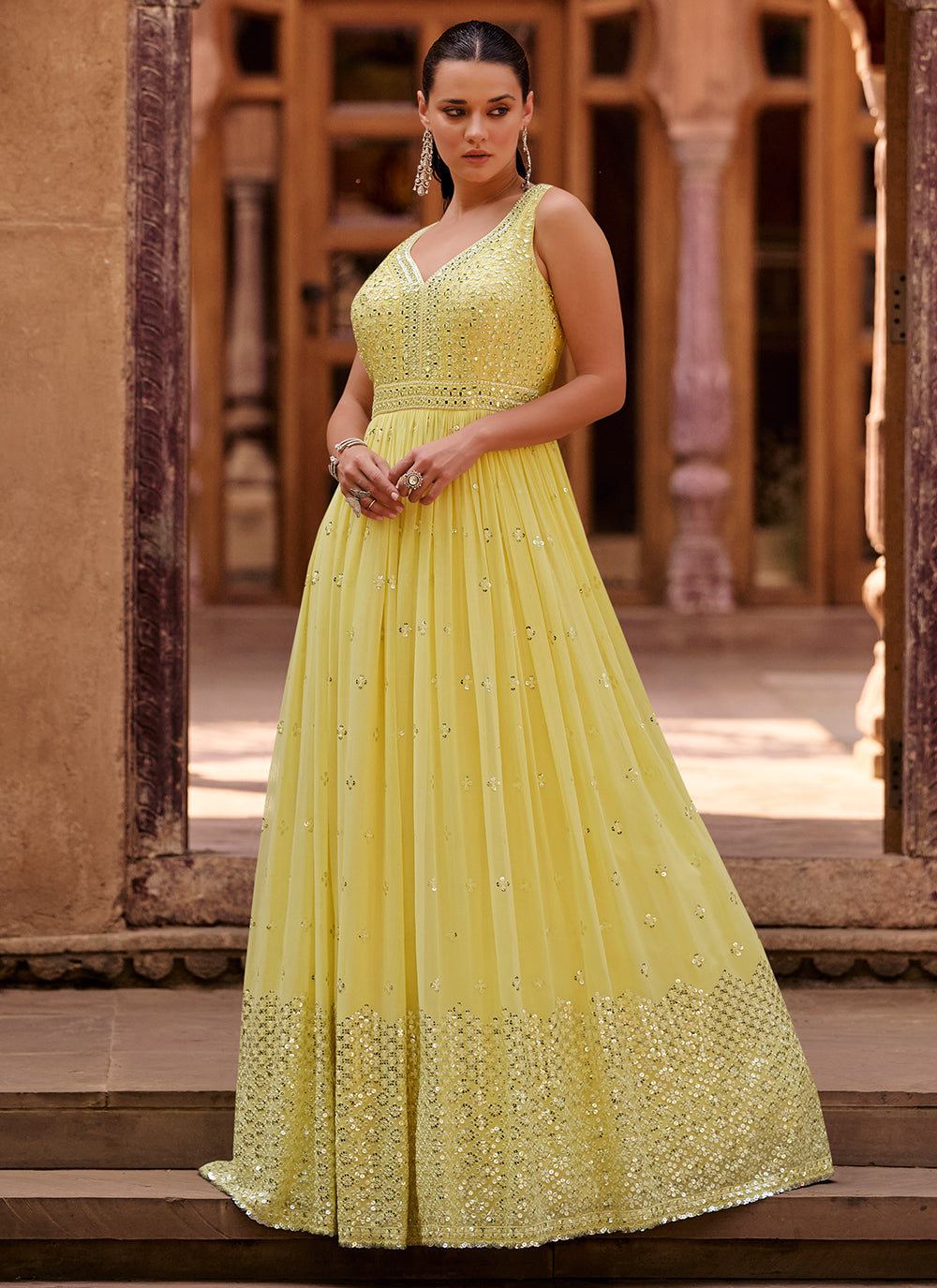Yellow Georgette Designer Gown