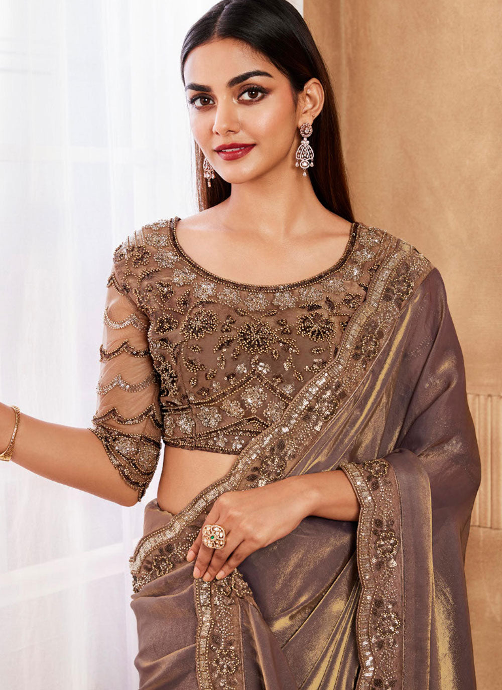 Brown Patch Border, Embroidered And Sequins Work Silk Trendy Saree