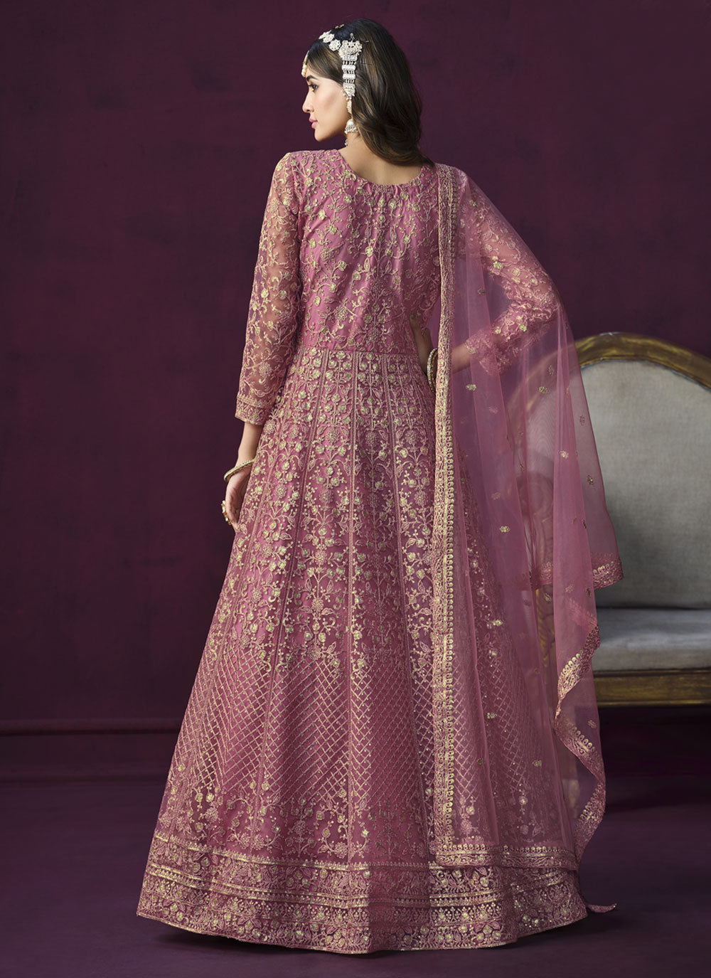 Net Anarkali Suit In Pink For Ceremonial