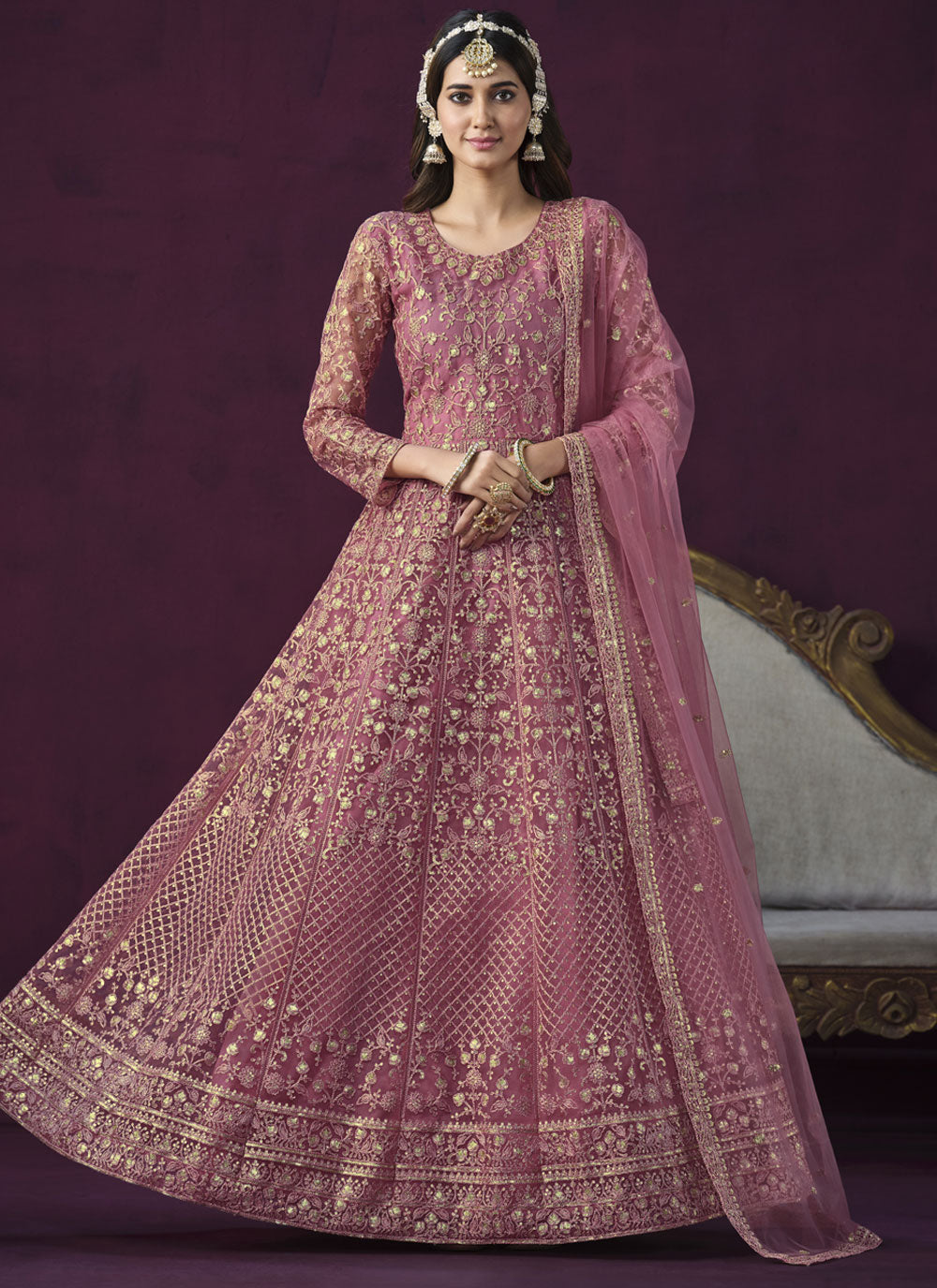 Net Anarkali Suit In Pink For Ceremonial
