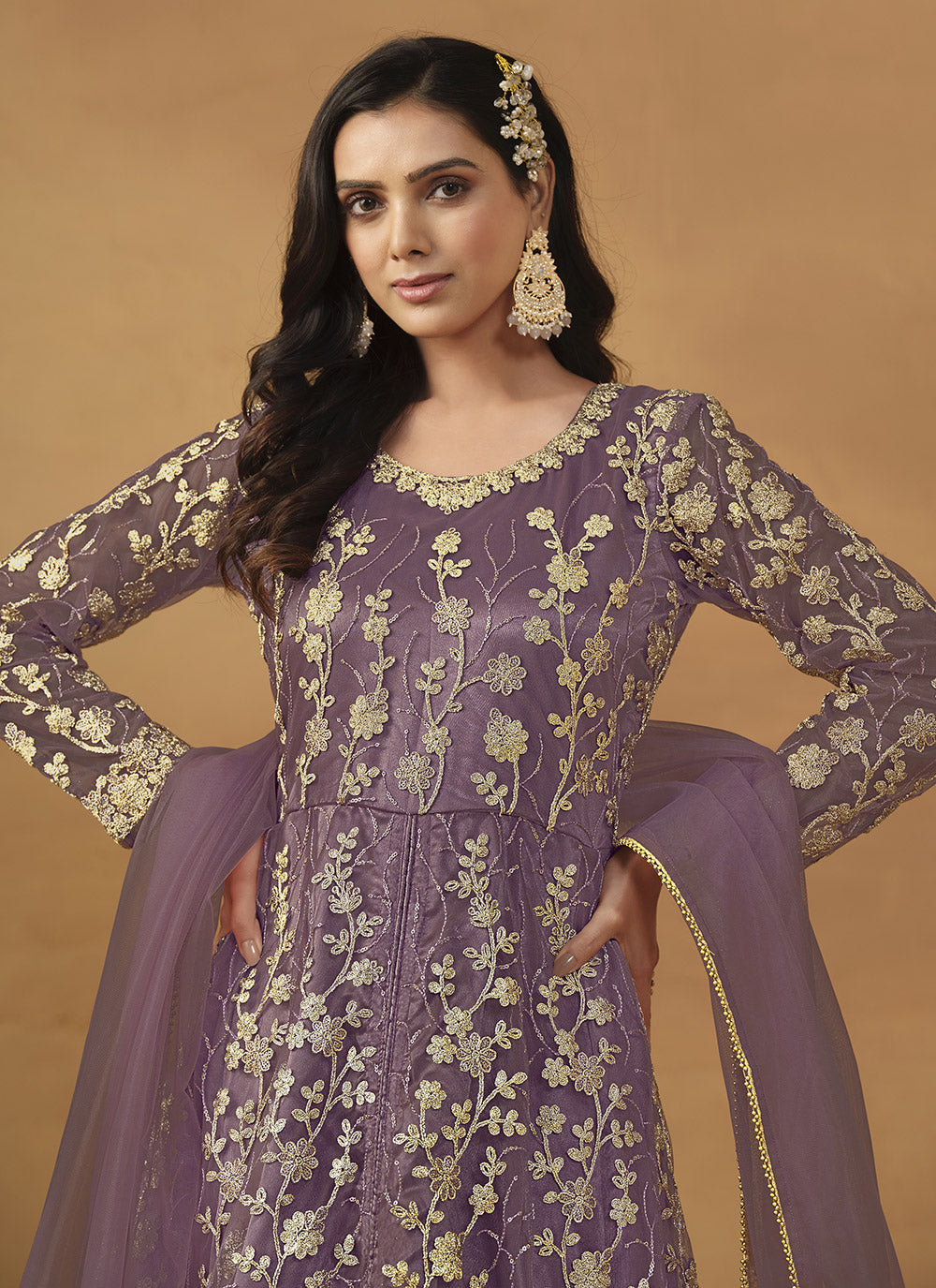 Purple Net Embroidered Work Pant Style Suit