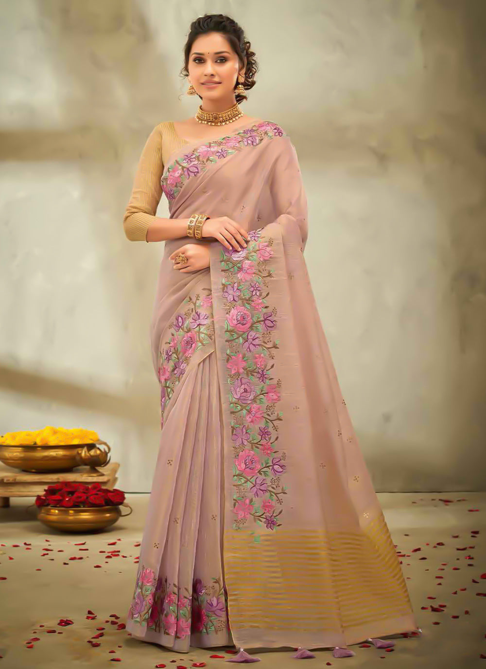 Linen Saree In Pink Color