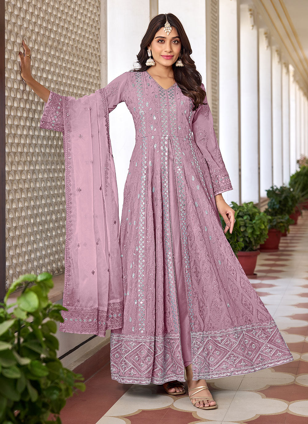 Embroidered Work Faux Georgette Salwar Suit In Pink