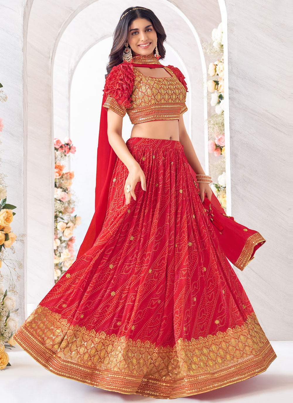 Red Georgette Digital Print, Embroidered And Sequins Work Readymade Lehenga Choli