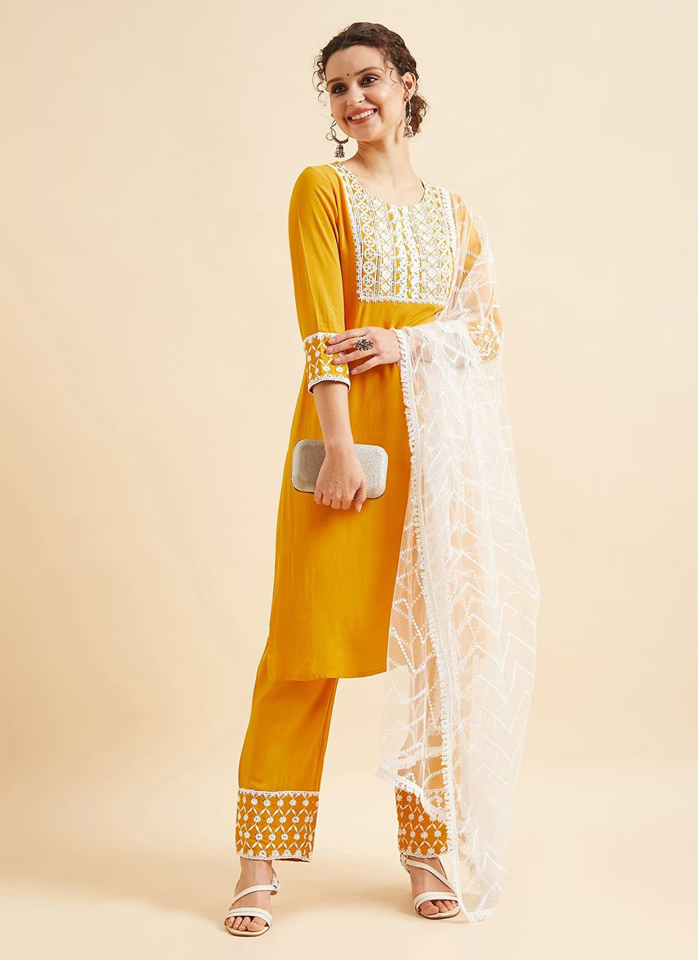 Embroidered Mustard Rayon Readymade Suit