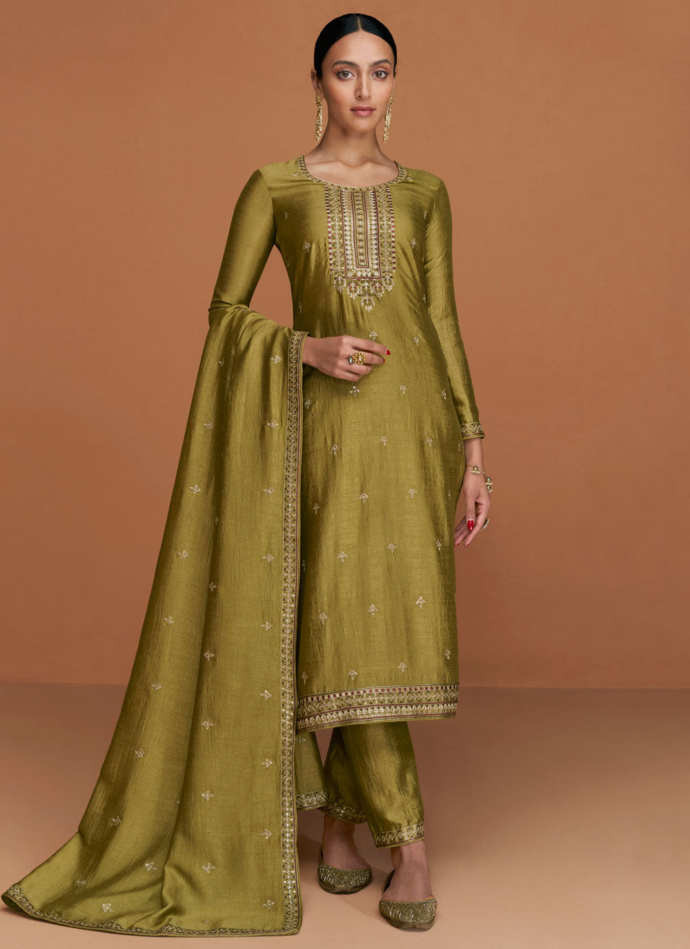 Embroidered Work Silk Trendy Suit In Green
