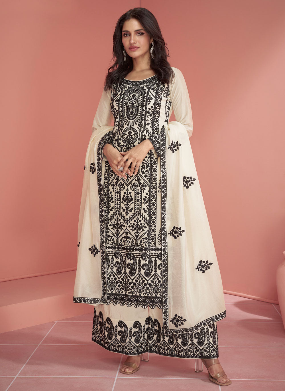 Off White Silk Palazzo Salwar Suit With Embroidered Work For Ceremonial
