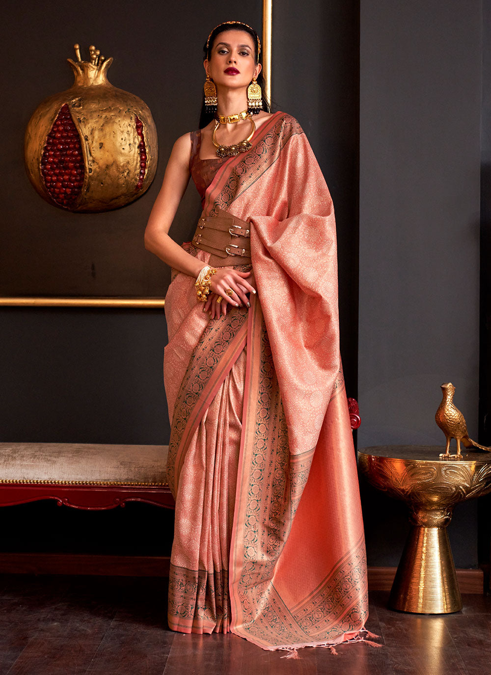 Handloom Silk Saree In Peach For Ceremonial