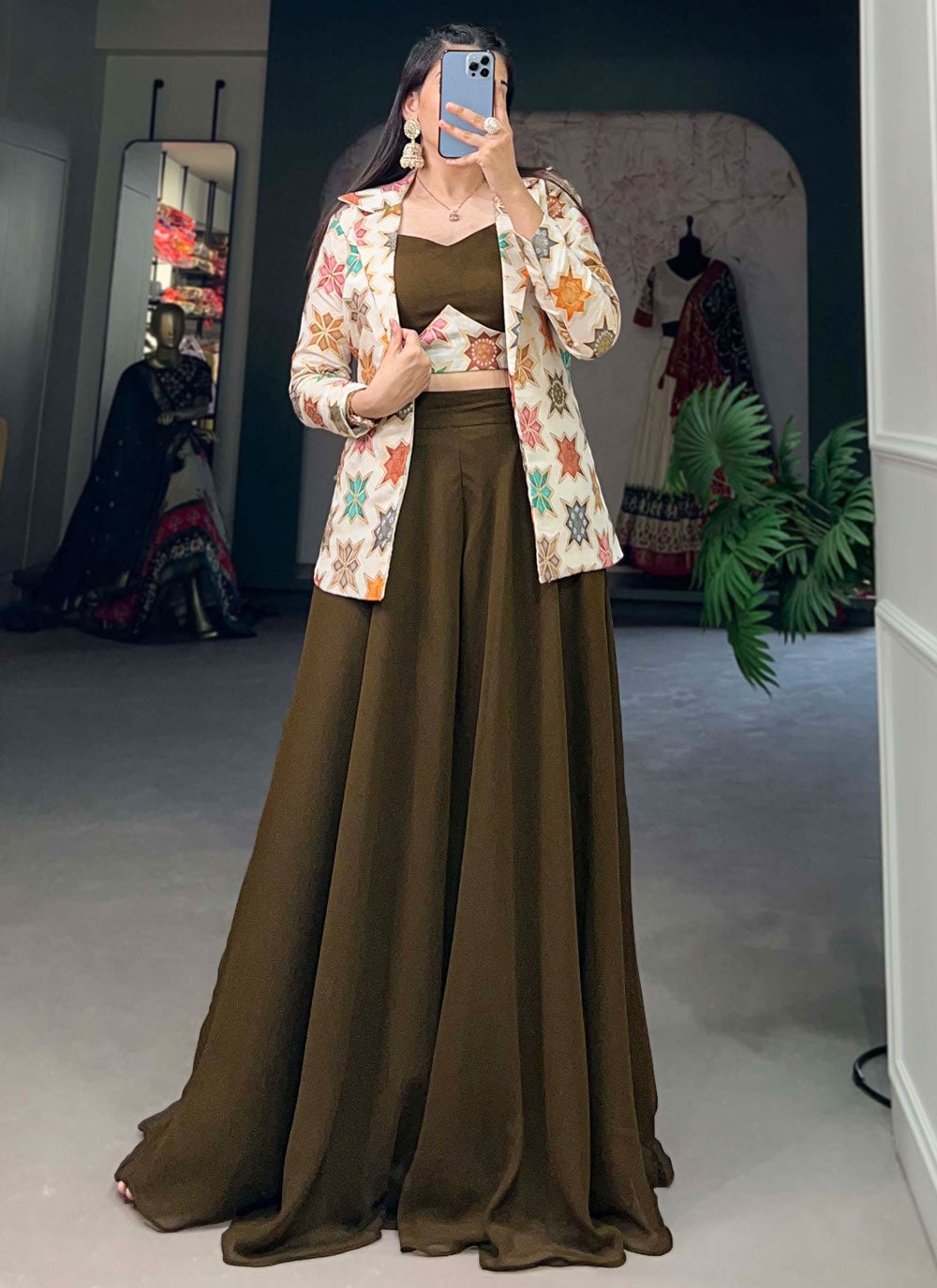 Georgette Jacket Style Suit In Brown