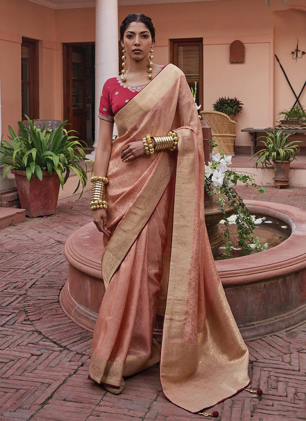 Pink Viscose Weaving Work Classic Sari For Ceremonial