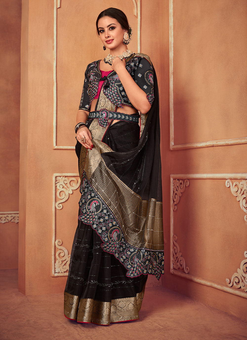 Black Organza Classic Sari With Embroidered Work For Women