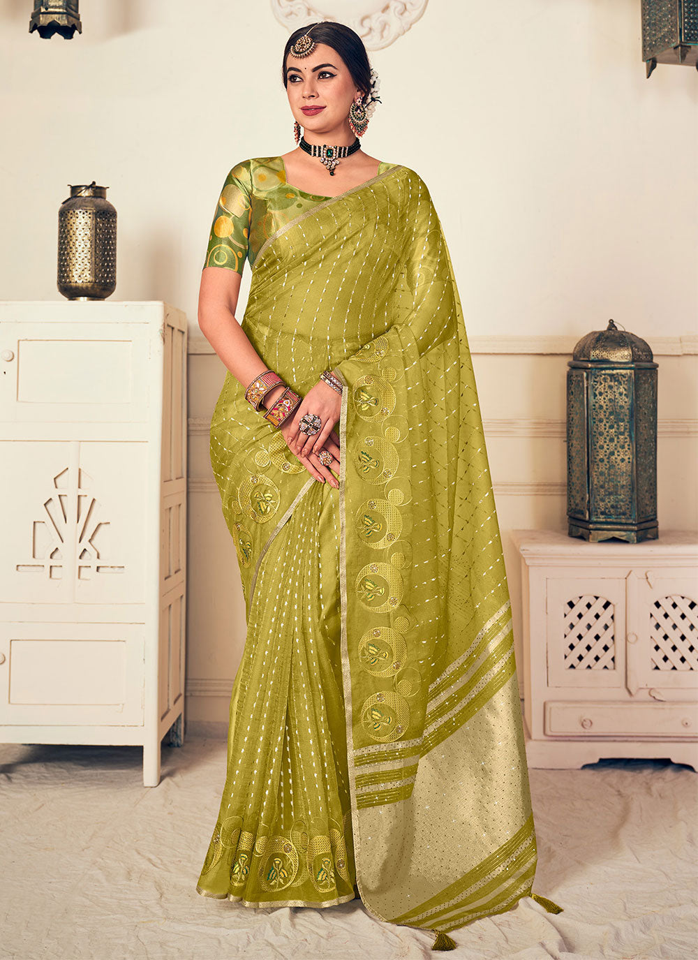 Green Silk Embroidered And Woven Work Classic Saree