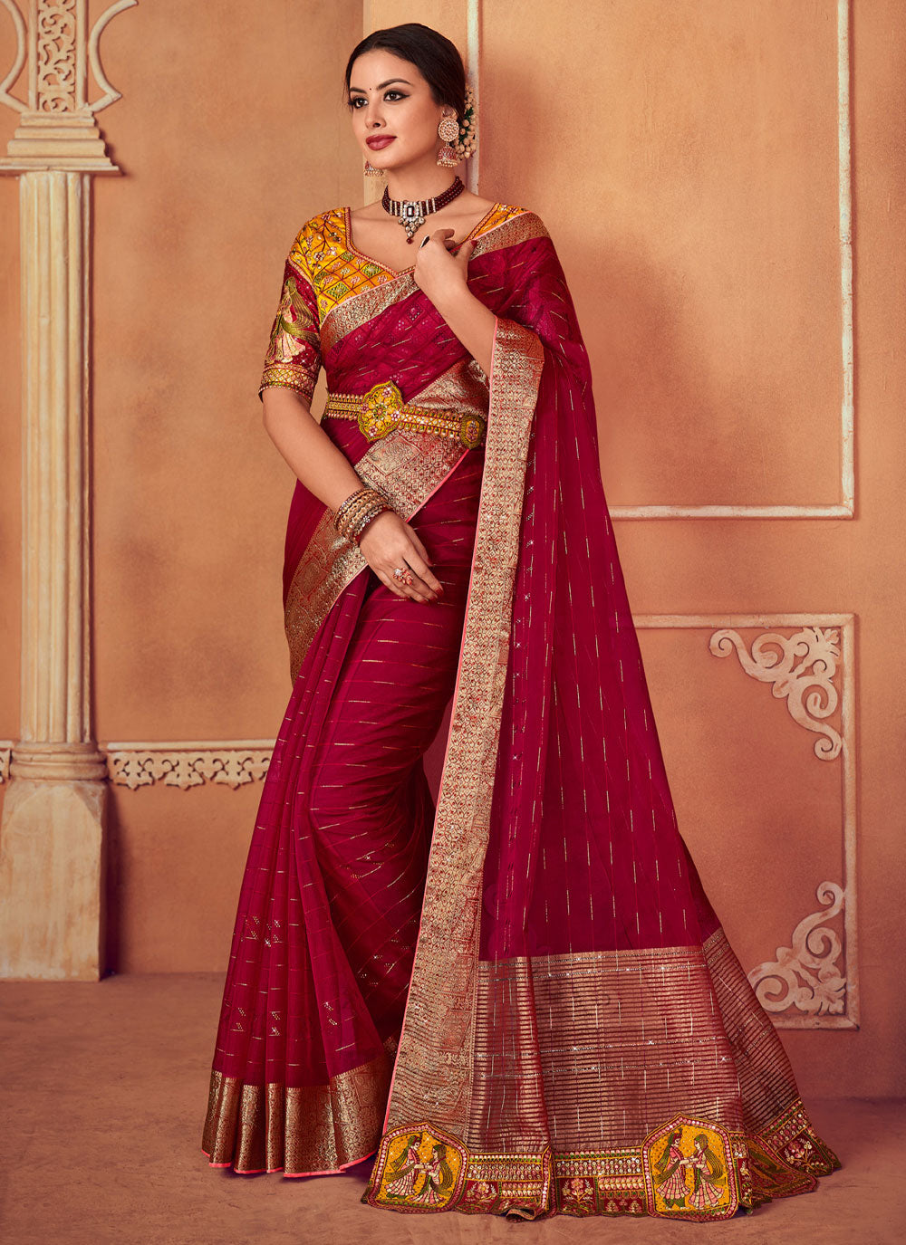Red Organza Contemporary Saree With Embroidered And Sequins Work