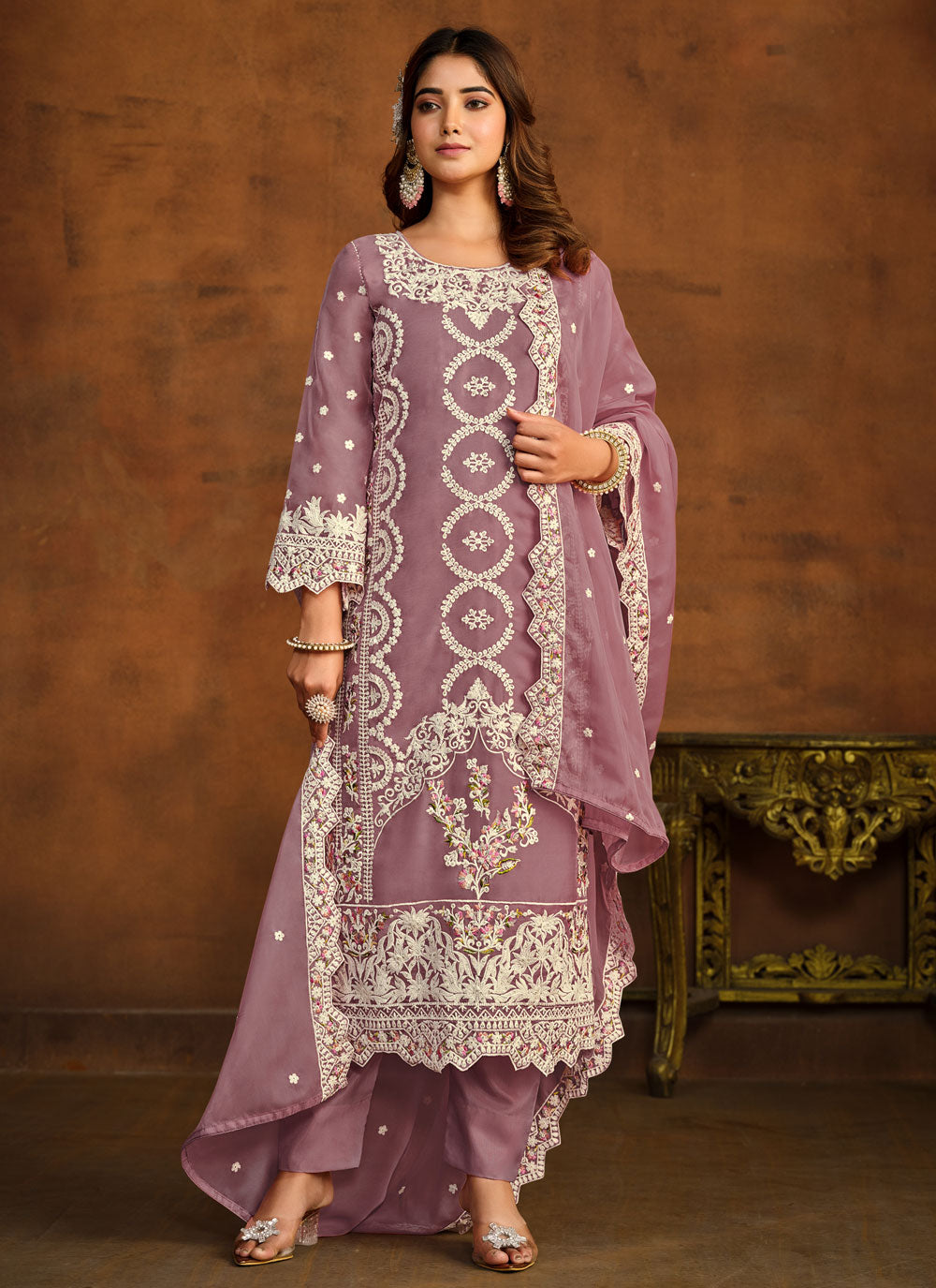 Purple Organza Salwar Suit With Embroidered Work
