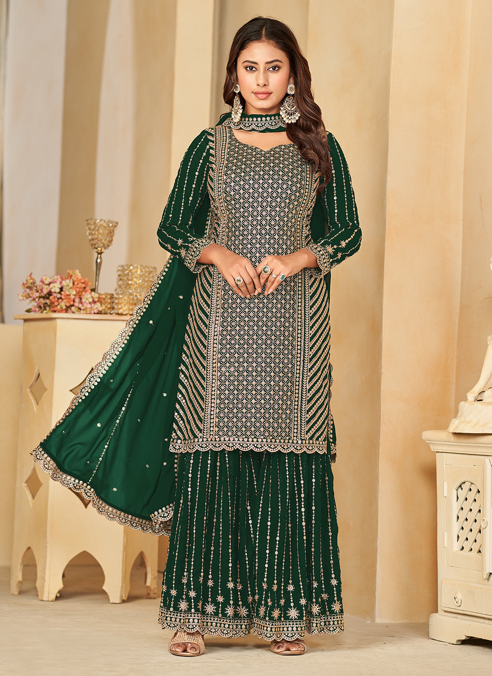 Green Faux Georgette Salwar Suit With Embroidered Work For Engagement