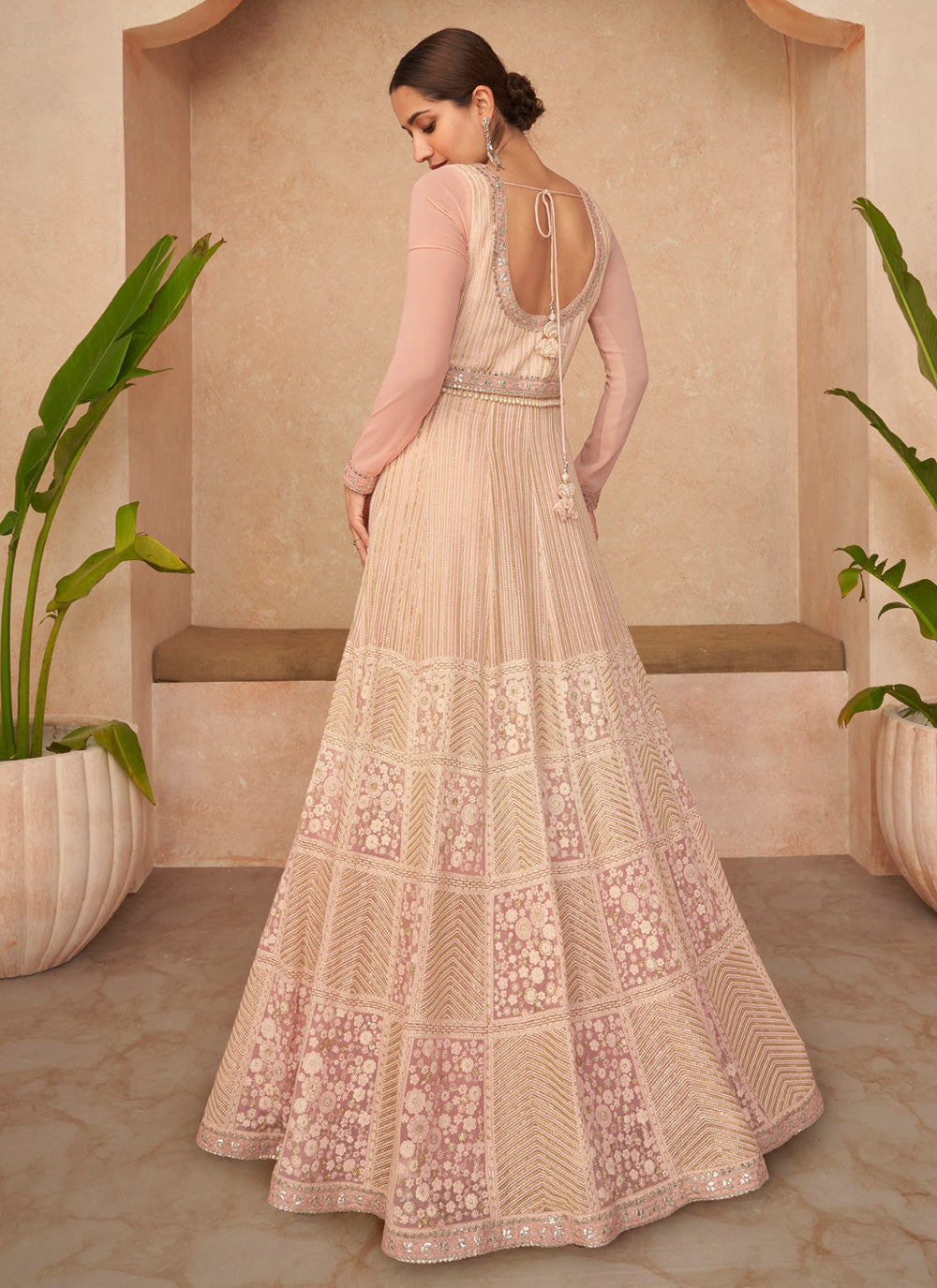 Georgette Embroidered Peach Readymade Gown