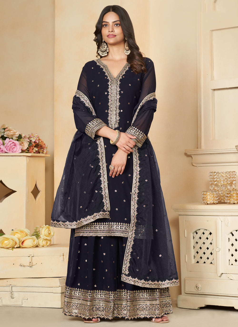 Cord, Embroidered And Sequins Work Faux Georgette Salwar Suit In Blue