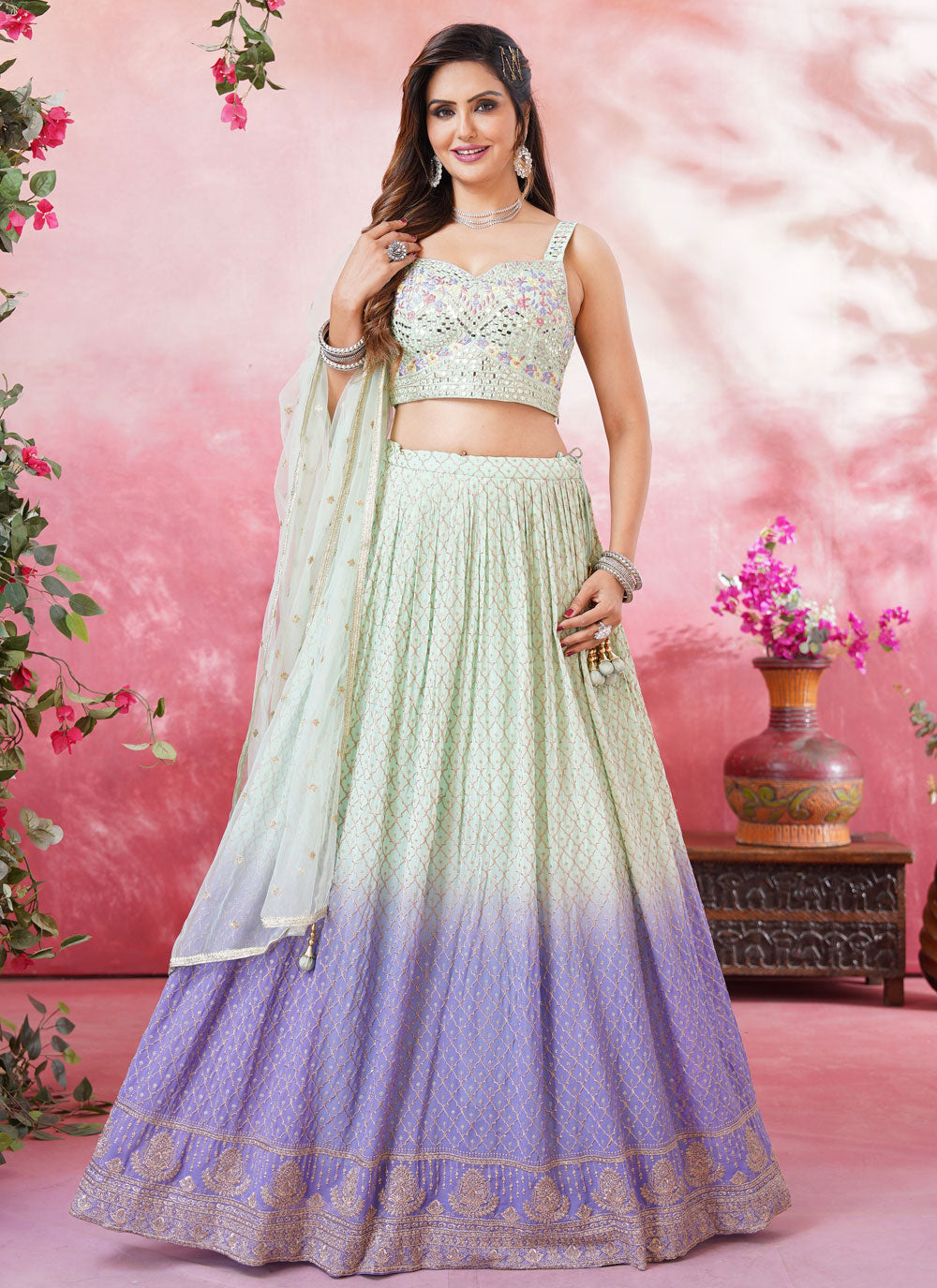 Exuberant Green And Purple Silk Readymade Lehenga Choli With Embroidered, Mirror And Sequins Work