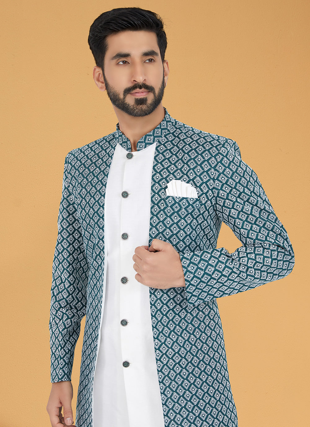 Green and White Silk Indo Western