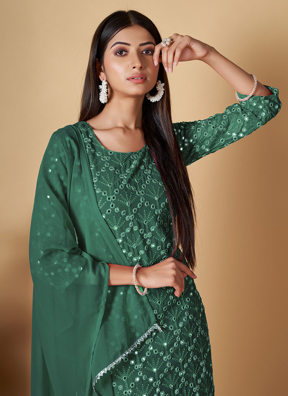  Green Ceremonial Georgette Palazzo Suit