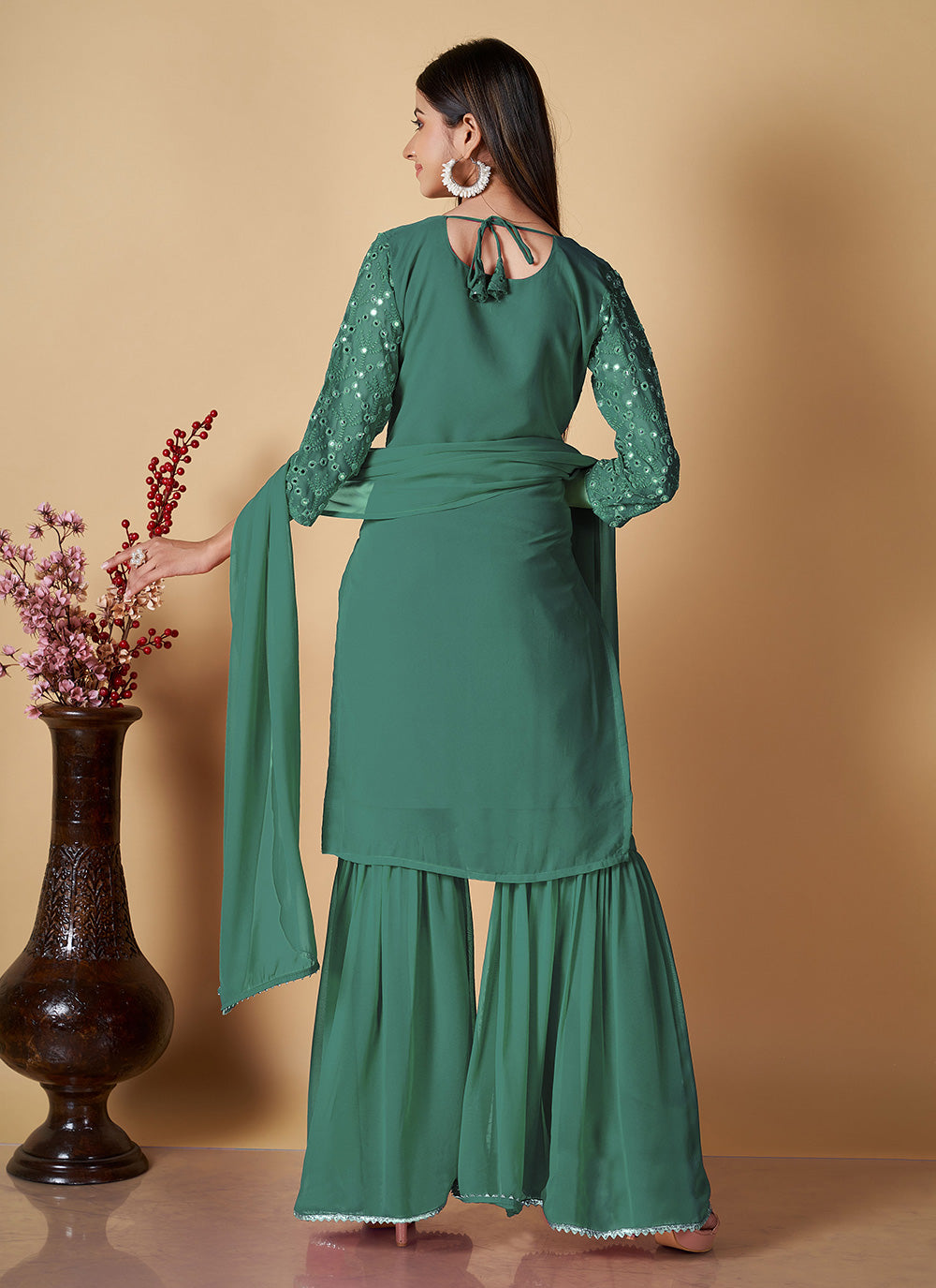 Green Ceremonial Georgette Palazzo Suit