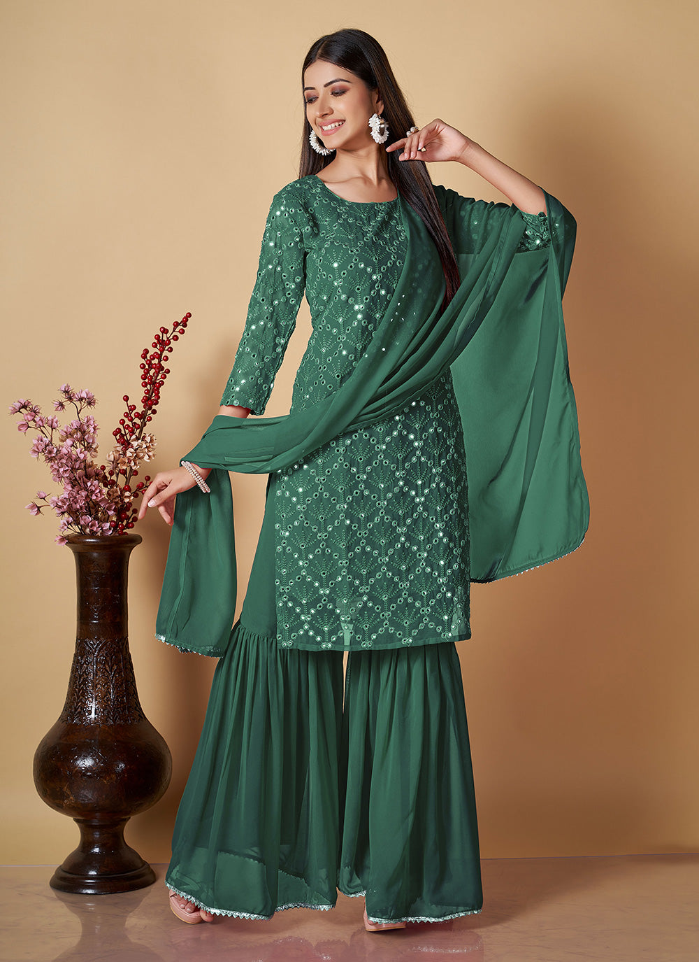 Green Ceremonial Georgette Palazzo Suit