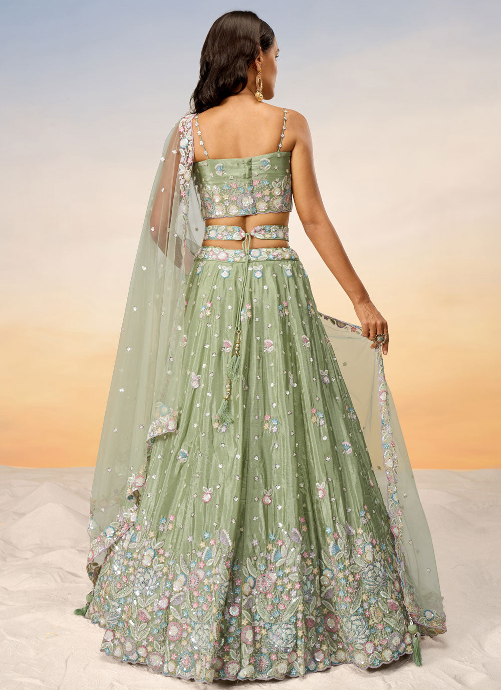 Fetching Green Chiffon Lehenga Choli With Embroidered And Sequins Work