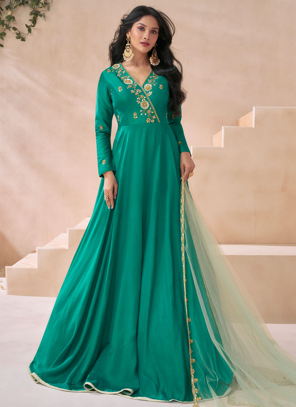 Green Silk Embroidered And Sequins Work Designer Gown