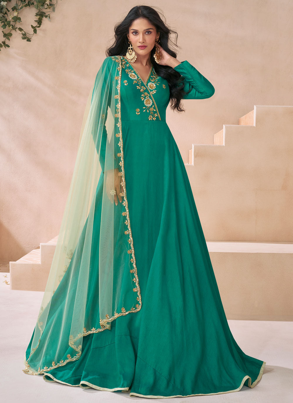 Green Silk Embroidered And Sequins Work Designer Gown