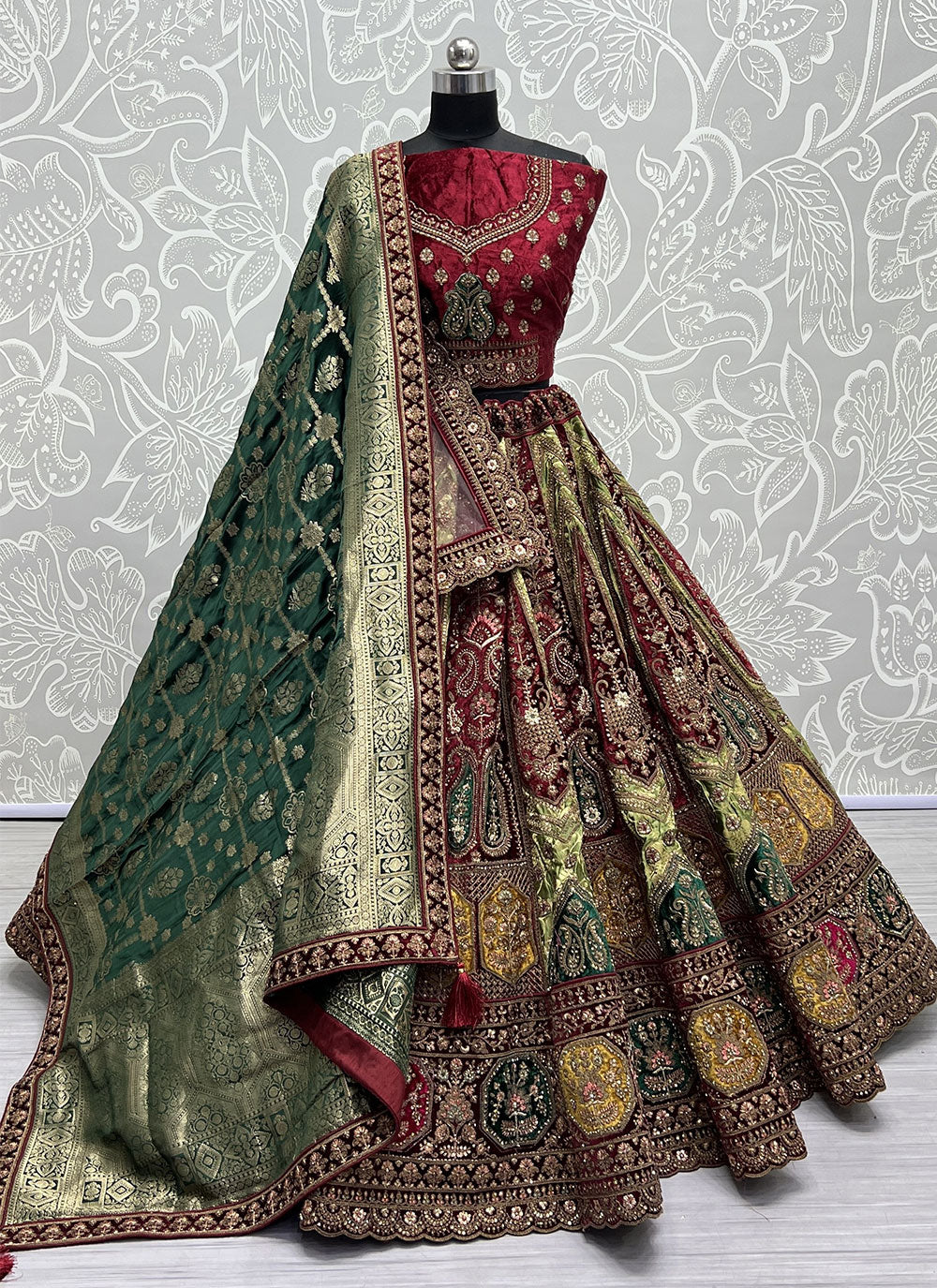 Diamond, Embroidered, Fancy, Patch Border And Sequins Work Silk Lehenga Choli In Green