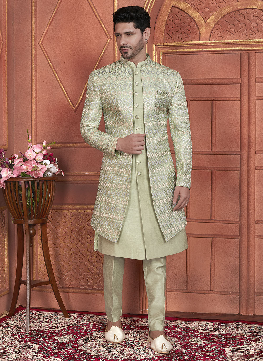 Green Art Silk Indo Western With Embroidered And Hand Work For Men