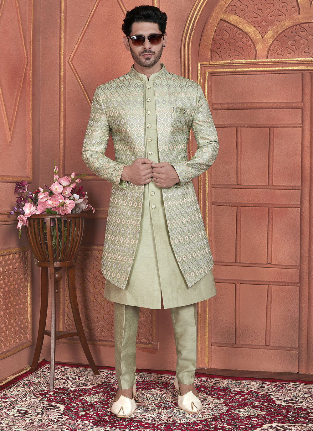 Green Art Silk Indo Western With Embroidered And Hand Work For Men