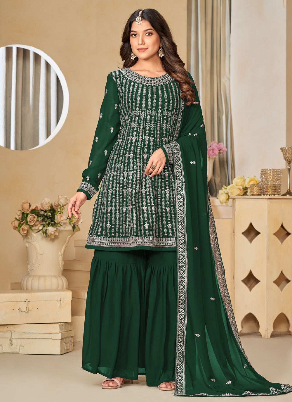 Embroidered Work Faux Georgette Trendy Suit In Green