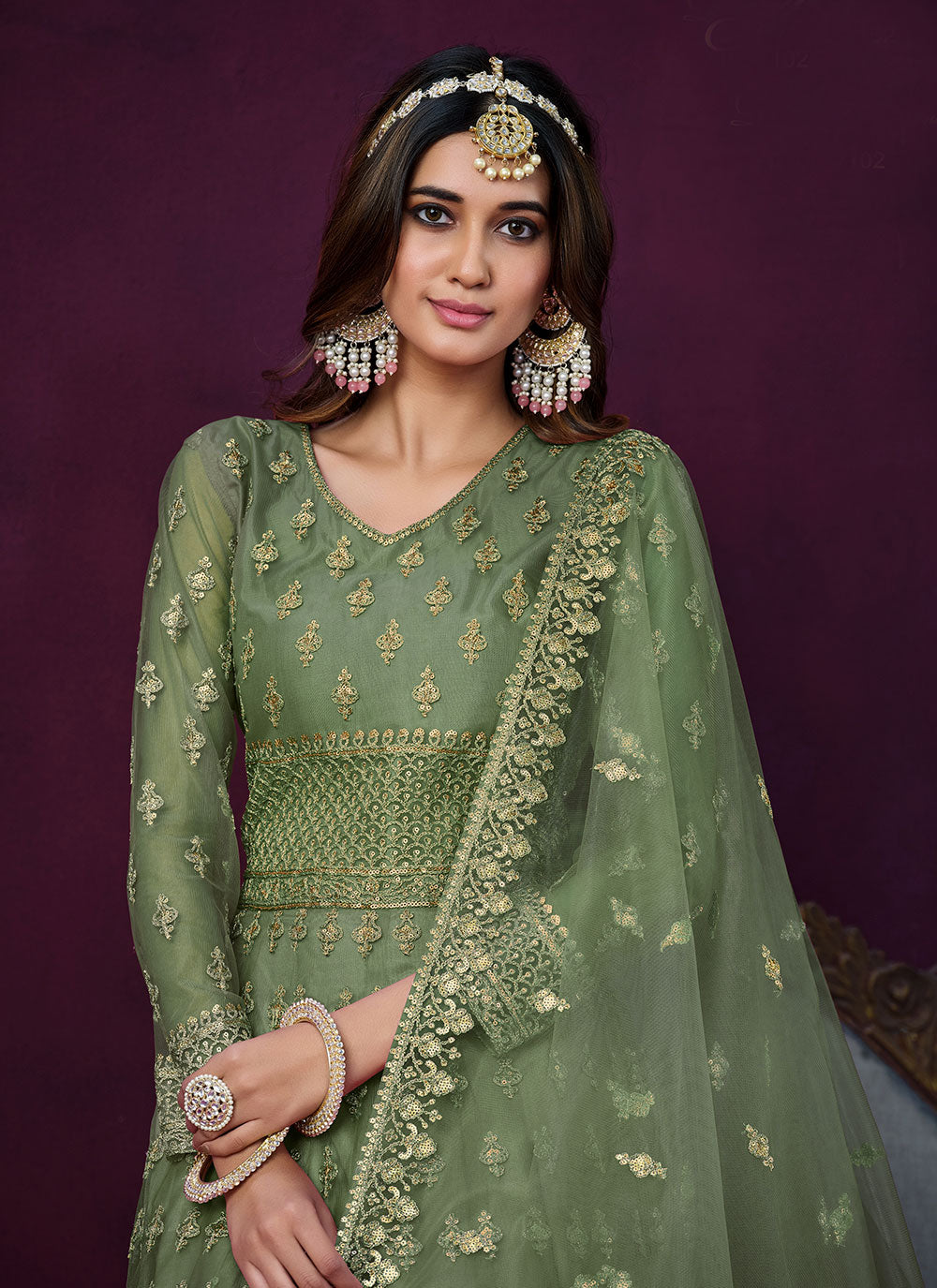 Green Net Embroidered And Sequins Work Anarkali Suit For Engagement