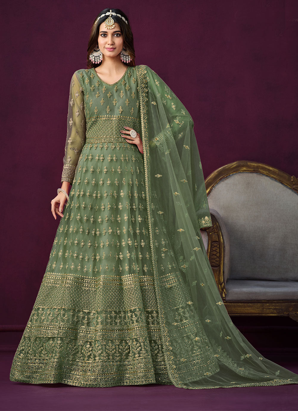 Green Net Embroidered And Sequins Work Anarkali Suit For Engagement