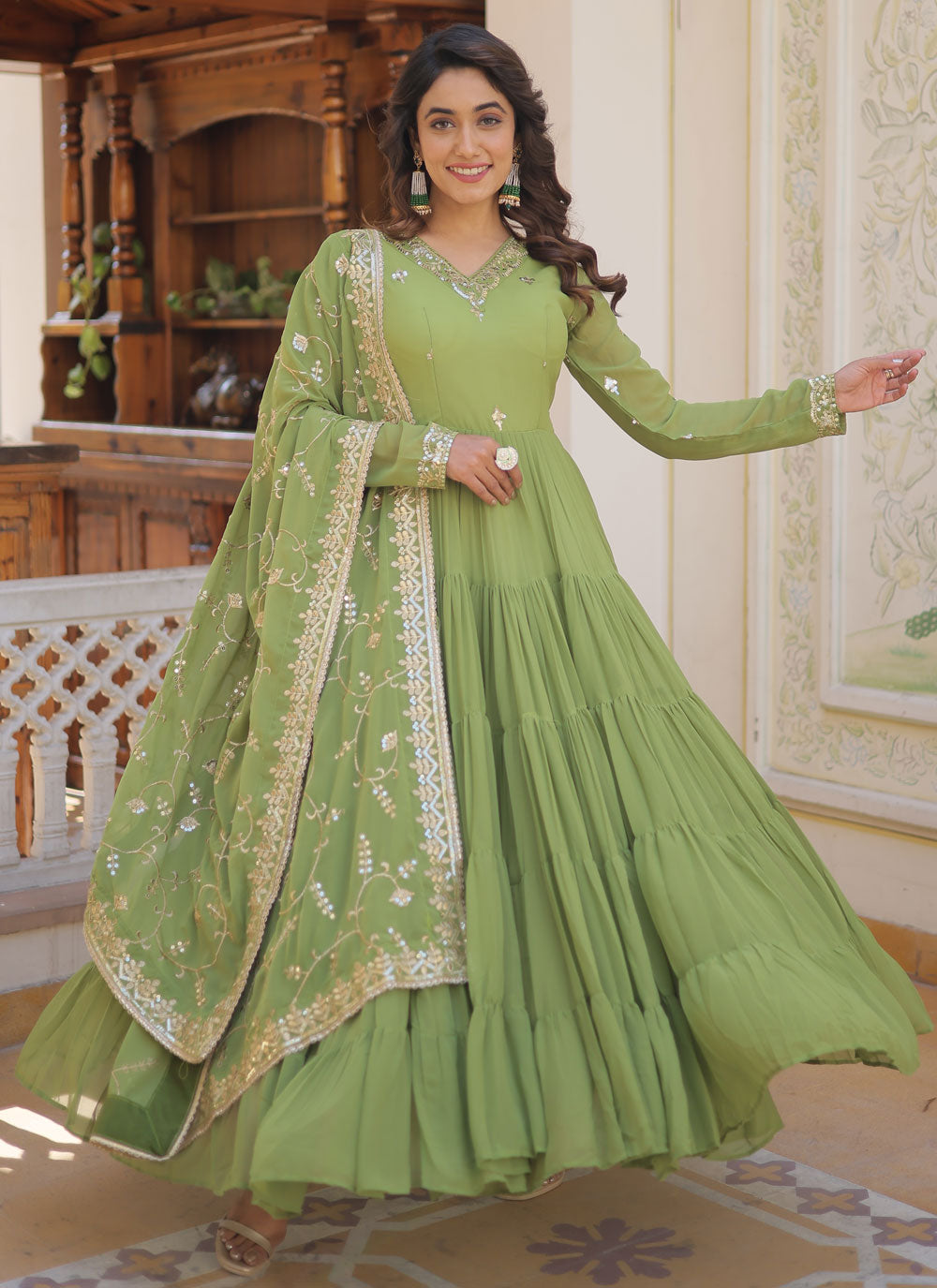 Embroidered And Sequins Work Faux Georgette Indian Gown In Green For Ceremonial