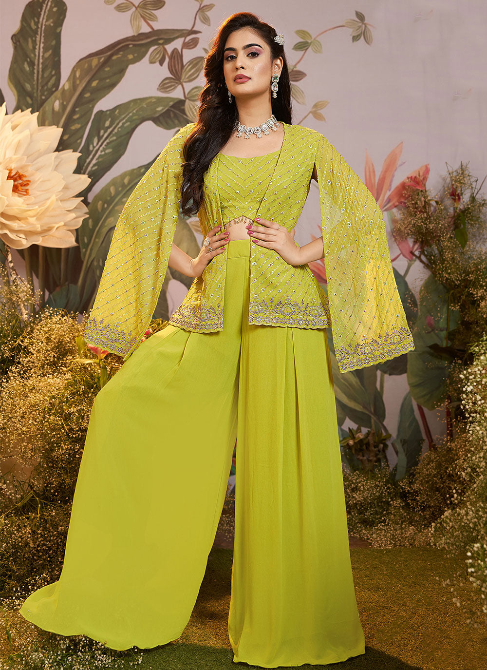 Green Georgette Embroidered Work Salwar Suit